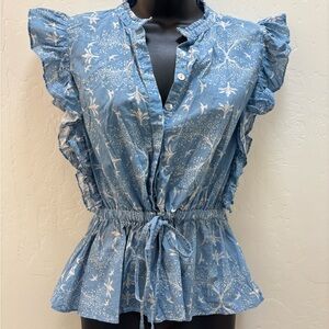 Carolina K Elegant Blue Floral Ruffle Blouse